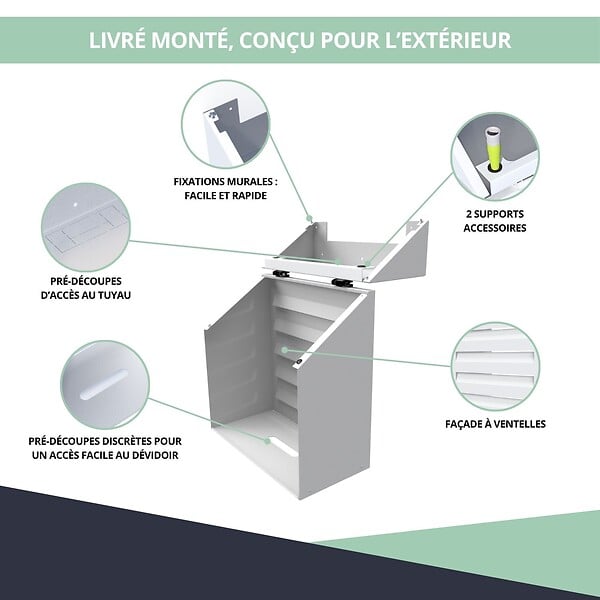 ATOLE - Cache tuyau Arrosage en Aluminium thermolaqué pour dévidoir mural - Taille 1 - Blanc. - large