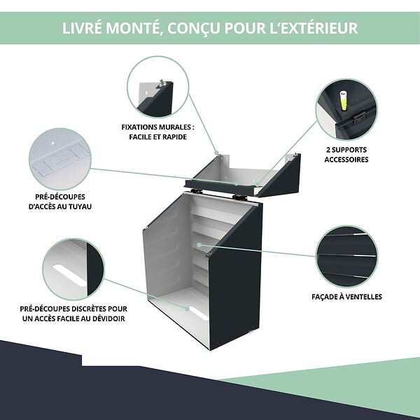 ATOLE - Cache tuyau d'Arrosage en Aluminium thermolaqué pour dévidoir mural - Taille 1 - Gris anthracite. - large