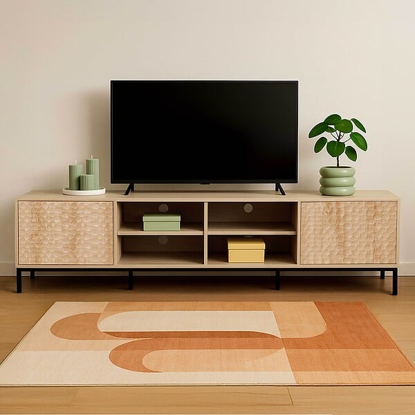 OVIALA - Meuble TV rectangulaire 2 portes L200 cm bois clair - Ketry - large