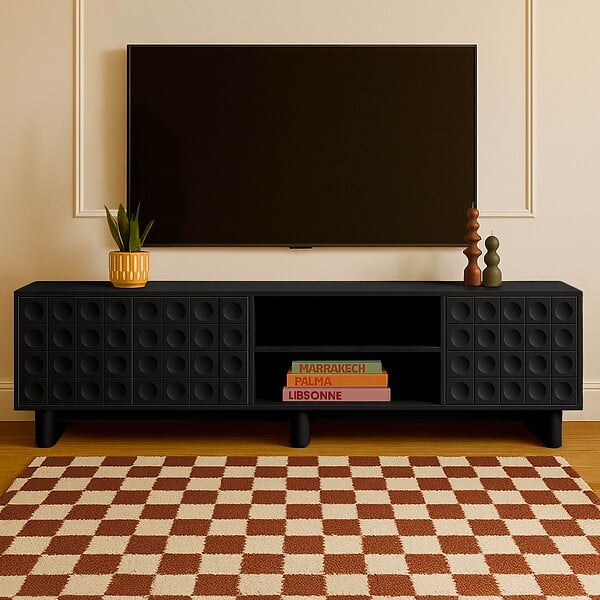 OVIALA - Meuble TV rectangulaire 3 portes L200 cm noir - Octave - large