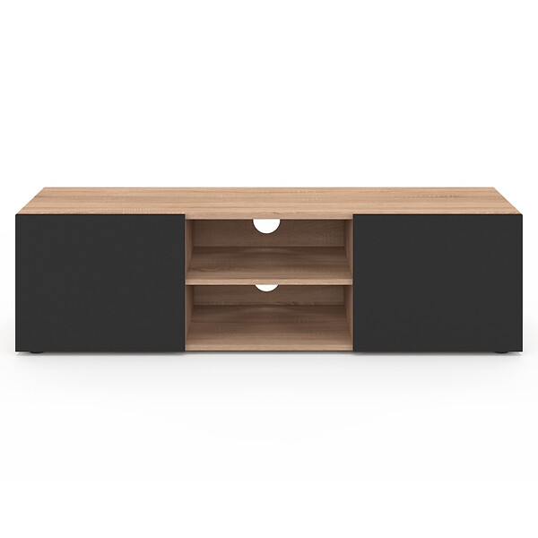 ID MARKET - Meuble TV 113 cm ELI bois façon hêtre portes noires - large