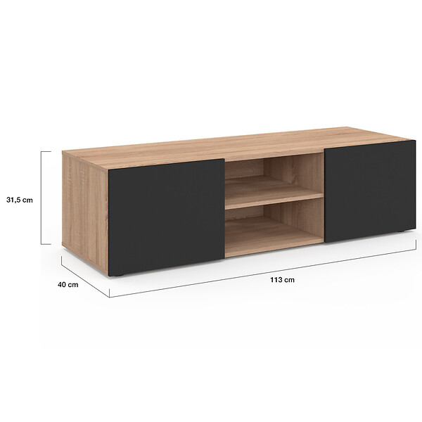 ID MARKET - Meuble TV 113 cm ELI bois façon hêtre portes noires - large