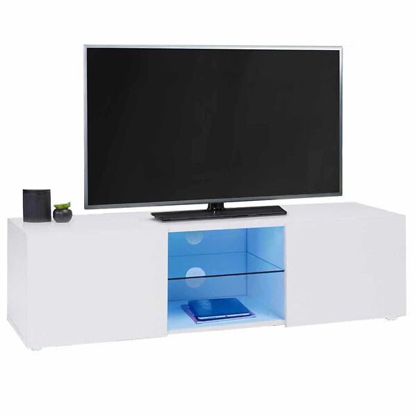 ID MARKET - Meuble TV 113 cm ELI blanc étagère en verre avec LED - large