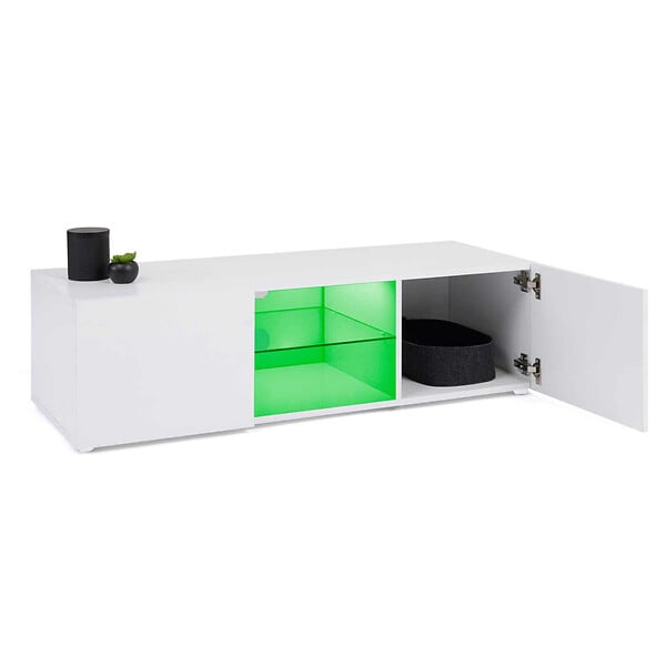 ID MARKET - Meuble TV 113 cm ELI blanc étagère en verre avec LED - large