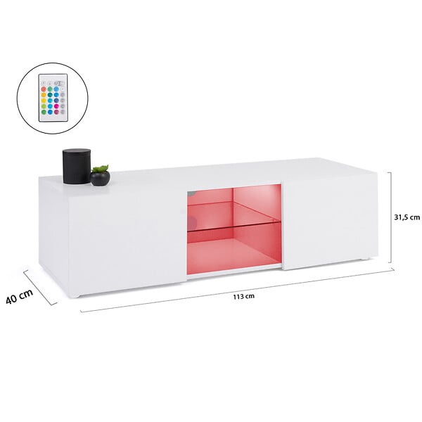 ID MARKET - Meuble TV 113 cm ELI blanc étagère en verre avec LED - large