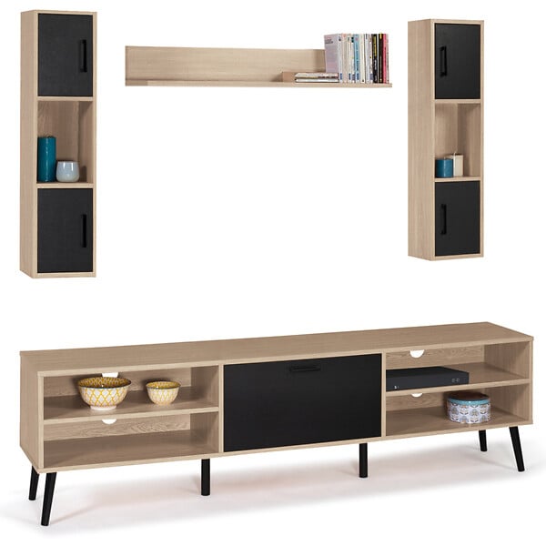 ID MARKET - Ensemble meuble TV 180 cm et étagères HOUSTON bois et noir - large