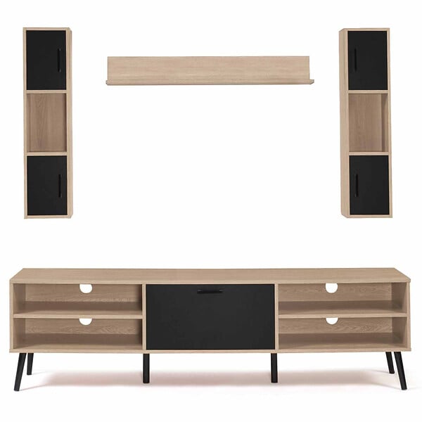 ID MARKET - Ensemble meuble TV 180 cm et étagères HOUSTON bois et noir - large