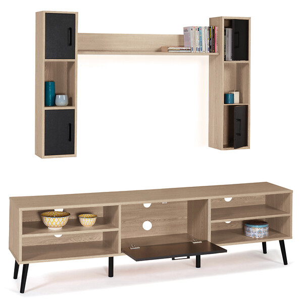 ID MARKET - Ensemble meuble TV 180 cm et étagères HOUSTON bois et noir - large