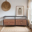 OVIALA - Meuble TV en marbre avec rangement en acacia massif 152 cm - Mona - vignette