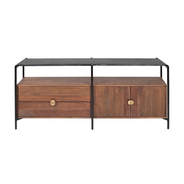 OVIALA - Meuble TV en marbre avec rangement en acacia massif 152 cm - Mona - large