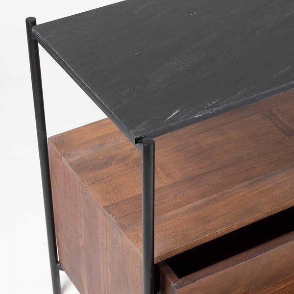 OVIALA - Meuble TV en marbre avec rangement en acacia massif 152 cm - Mona - large