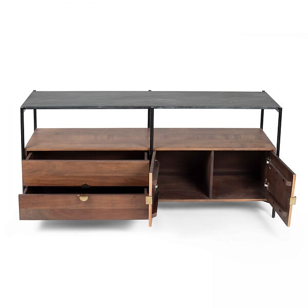 OVIALA - Meuble TV en marbre avec rangement en acacia massif 152 cm - Mona - large