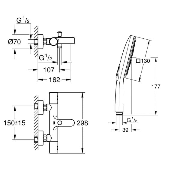 GROHE - Mitigeur bain douche Precision Get avec douchette 3jets Vitalio Smartactive 130 Cube et flexible 200cm - large