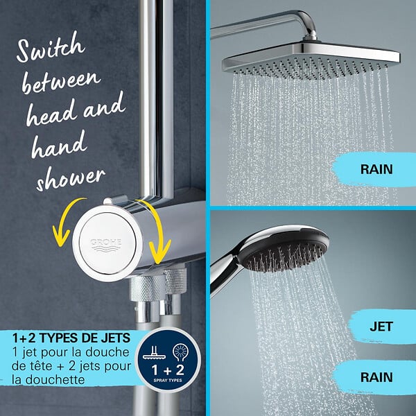 GROHE - Vitalio Comfort 250 Colonne de douche avec inverseur manuel + Douche de tête 2 jets + Douchette 2 jets , chrome (G26986001) - large