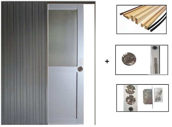 GD MENUISERIES - Porte Coulissante Athena Gris Clair Vitrée H204 x L83 cm, Galandage, kit de finition - large