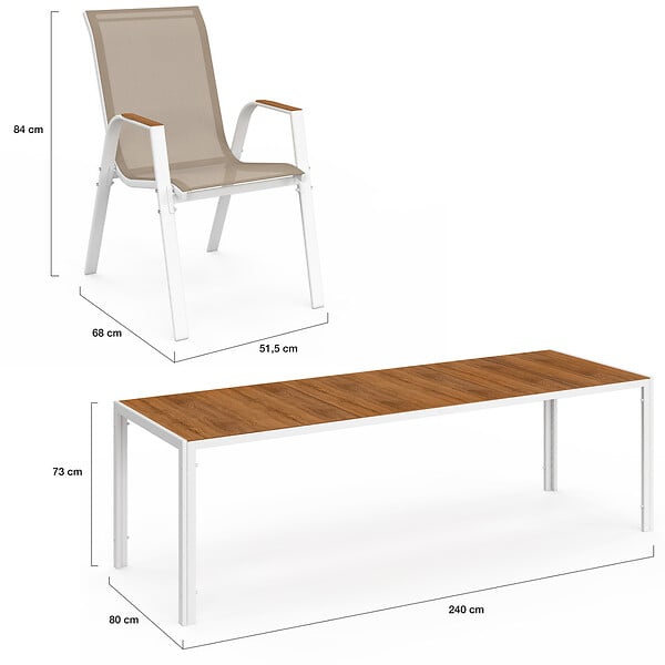 ID MARKET - Salon de jardin NOUMEA table 240 cm plateau verre trempé effet bois et 10 chaises empilables blanc et bois - large
