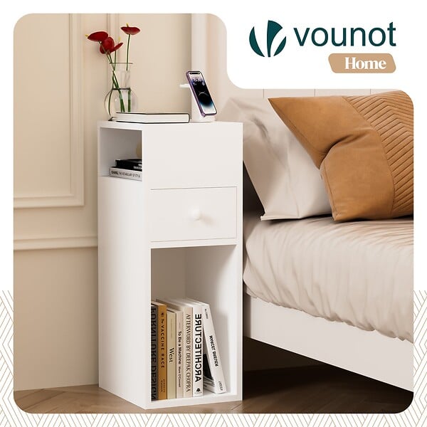 VOUNOT - Table de chevet d’appoint avec tiroir et compartiment 25x30x66cm blanc - large