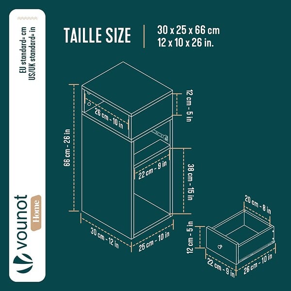 VOUNOT - Table de chevet d’appoint avec tiroir et compartiment 25x30x66cm blanc - large