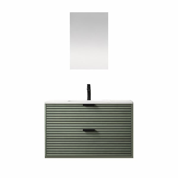 AURLANE - Meuble Salle de Bain Cranté Vert et Noir 80cm - 2 Tiroirs, Vasque et Miroir - MALO - large