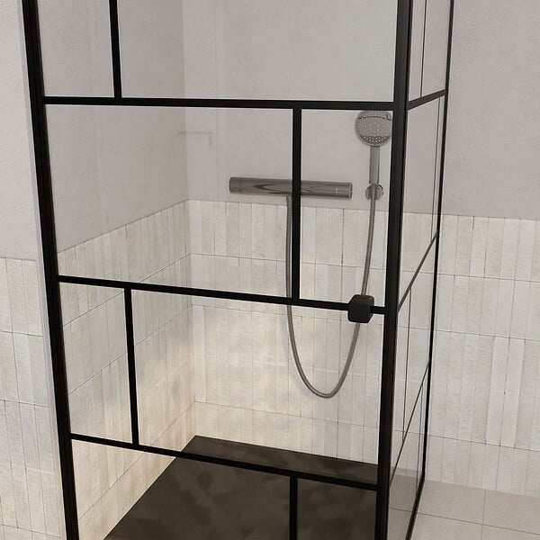 AURLANE - Porte de douche Pivotante 80x180cm et Retour 80cm Motif Brique Noir - Verre 8mm Anticalcaire - large