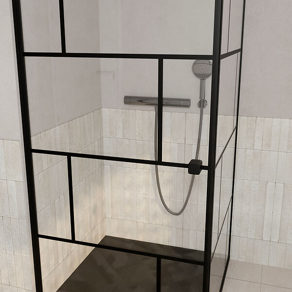 AURLANE - Porte de douche Pivotante 90x180cm et Retour 90cm Motif Brique Noir - Verre 8mm Anticalcaire - large