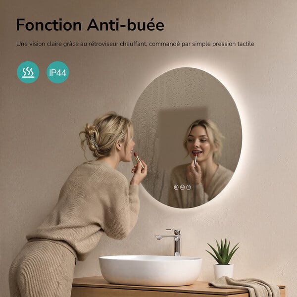 EMKE - EMKE Miroir de salle de bain LED rond diamètre 60 cm, Anti-buée, Rétro-éclairage sans cadre, Interrupteur Tactile, 3 Couleurs de Lumière - large