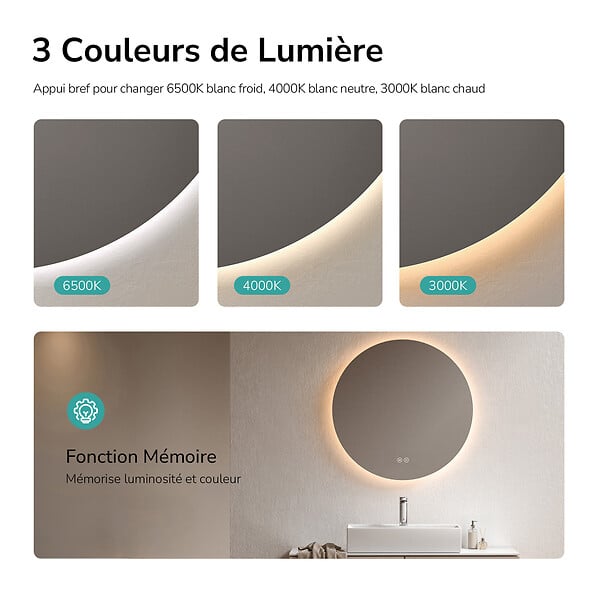 EMKE - EMKE Miroir de salle de bain LED rond diamètre 70 cm, Rétro-éclairage sans cadre, Interrupteur Tactile, 3 Couleurs de Lumière - large