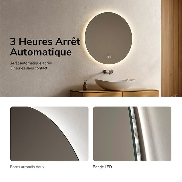 EMKE - EMKE Miroir de salle de bain LED rond diamètre 70 cm, Rétro-éclairage sans cadre, Interrupteur Tactile, 3 Couleurs de Lumière - large