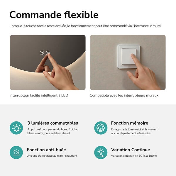 EMKE - EMKE Miroir de salle de bain LED rond diamètre 70 cm, Rétro-éclairage sans cadre, Interrupteur Tactile, 3 Couleurs de Lumière - large