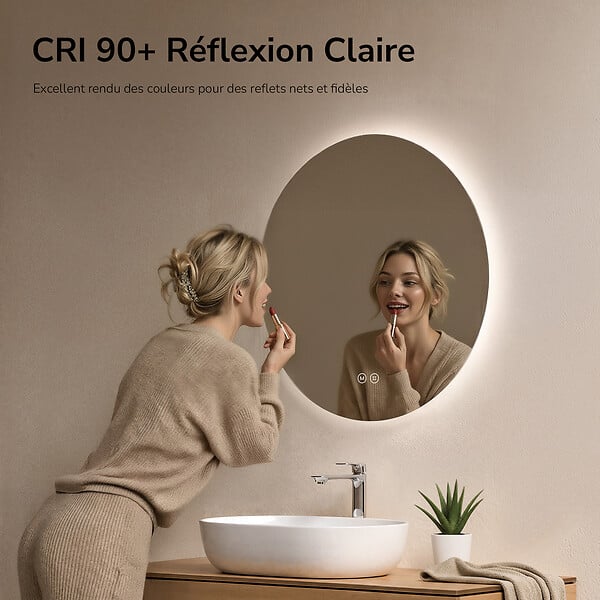 EMKE - EMKE Miroir de salle de bain LED rond diamètre 70 cm, Rétro-éclairage sans cadre, Interrupteur Tactile, 3 Couleurs de Lumière - large