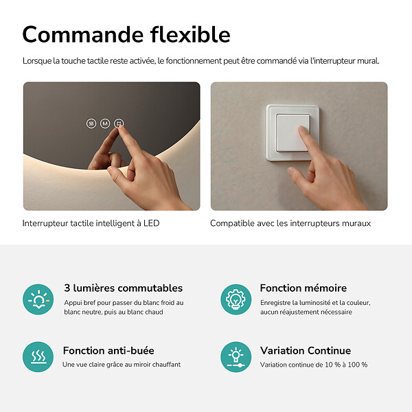 EMKE - EMKE Miroir de salle de bain LED rond diamètre 70 cm, Anti-buée, Rétro-éclairage sans cadre, Interrupteur Tactile, 3 Couleurs de Lumière - large