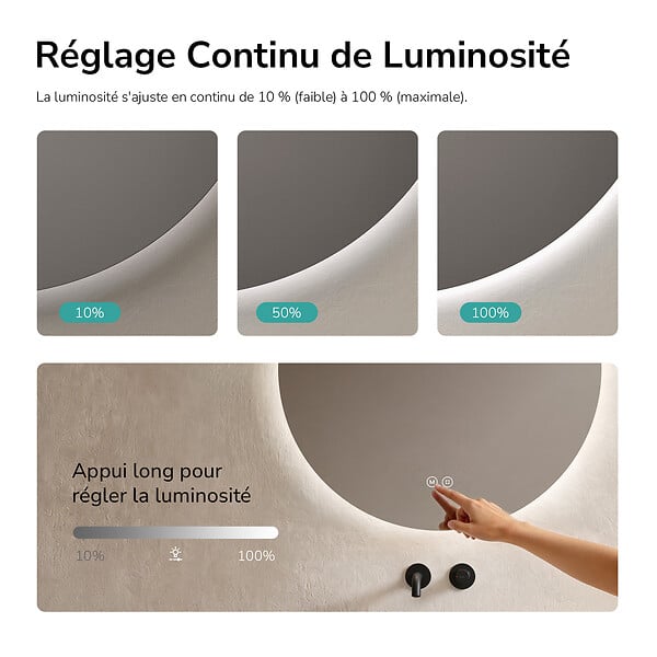 EMKE - EMKE Miroir de salle de bain LED rond diamètre 60 cm, Rétro-éclairage sans cadre, Interrupteur Tactile, 3 Couleurs de Lumière - large
