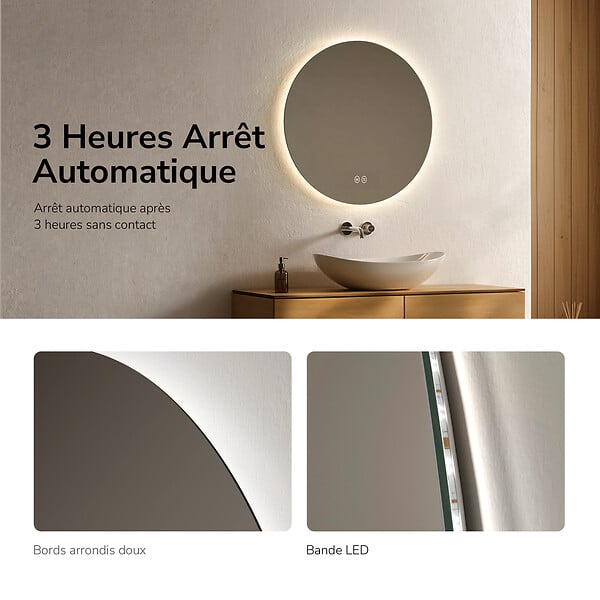 EMKE - EMKE Miroir de salle de bain LED rond diamètre 60 cm, Rétro-éclairage sans cadre, Interrupteur Tactile, 3 Couleurs de Lumière - large