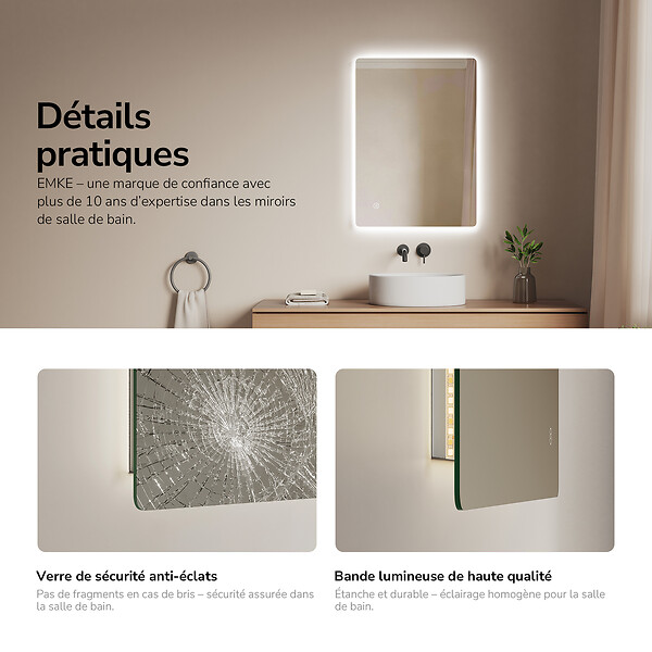 EMKE - EMKE Miroir LED de Salle de Bain 50 x 70 cm,  Antibuée, Interrupteur Tactile,  Intensité réglable 3 Températures - large