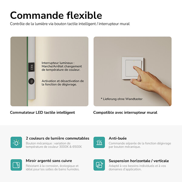 EMKE - EMKE Miroir LED Salle de Bain 45 x 60 cm, Rétro-éclairage, Anti-buée, Interrupteur à bouton, Blanc Froid/Chaud - large