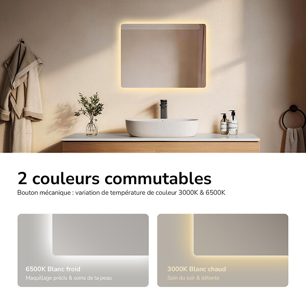 EMKE - EMKE Miroir LED Salle de Bain 45 x 60 cm, Rétro-éclairage, Anti-buée, Interrupteur à bouton, Blanc Froid/Chaud - large
