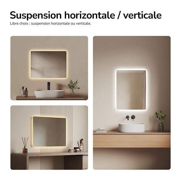 EMKE - EMKE Miroir LED Salle de Bain 45 x 60 cm, Rétro-éclairage, Anti-buée, Interrupteur à bouton, Blanc Froid/Chaud - large