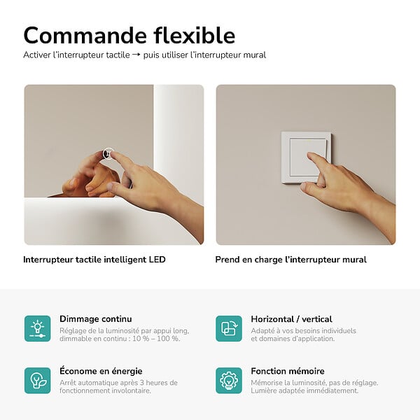 EMKE - EMKE Miroir LED Salle de Bain 50 x 70 cm,  Miroir LED avec Interrupteur Tactile,  Intensité réglable, Blanc Froid - large