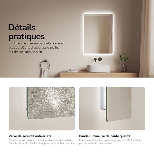 EMKE - EMKE Miroir LED Salle de Bain 50 x 70 cm,  Miroir LED avec Interrupteur Tactile,  Intensité réglable, Blanc Froid - large
