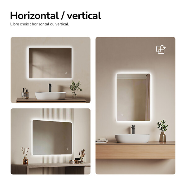 EMKE - EMKE Miroir LED Salle de Bain 50 x 70 cm,  Miroir LED avec Interrupteur Tactile,  Intensité réglable, Blanc Froid - large
