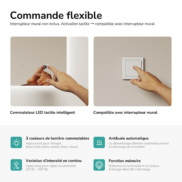 EMKE - EMKE Miroir LED de Salle de Bain 60 x 80 cm,  Antibuée, Interrupteur Tactile,  Intensité réglable 3 Températures - large