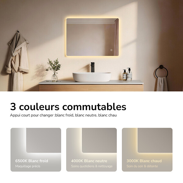 EMKE - EMKE Miroir LED de Salle de Bain 60 x 80 cm,  Antibuée, Interrupteur Tactile,  Intensité réglable 3 Températures - large