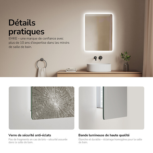 EMKE - EMKE Miroir LED Salle de Bain 60 x 40 cm, Rétro-éclairage, Anti-buée, Interrupteur à bouton, Blanc Froid/Chaud - large