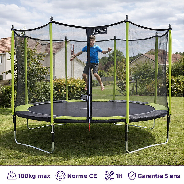 KANGUI - Trampoline jardin Ø 430 cm + filet + échelle - JUMPI 430 - Noir/Vert - large