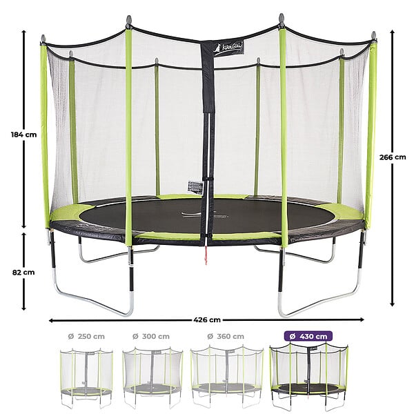 KANGUI - Trampoline jardin Ø 430 cm + filet + échelle - JUMPI 430 - Noir/Vert - large