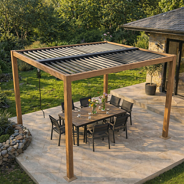 CONCEPT USINE - Pergola bioclimatique structure et lames orientables en aluminium vert 3x3m RHODES - large