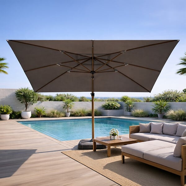 CONCEPT USINE - Parasol rectangulaire 3x4m déporté rotatif gris pied effet bois en aluminium CESARE - large