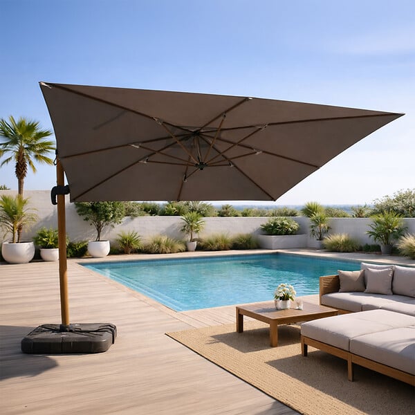 CONCEPT USINE - Parasol rectangulaire 3x4m déporté rotatif gris pied effet bois en aluminium CESARE - large