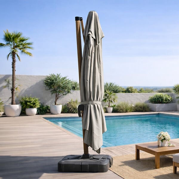 CONCEPT USINE - Parasol rectangulaire 3x4m déporté rotatif gris pied effet bois en aluminium CESARE - large