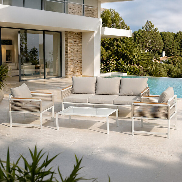CONCEPT USINE - Salon de jardin 5 places avec table basse gris clair SOLOMON - large